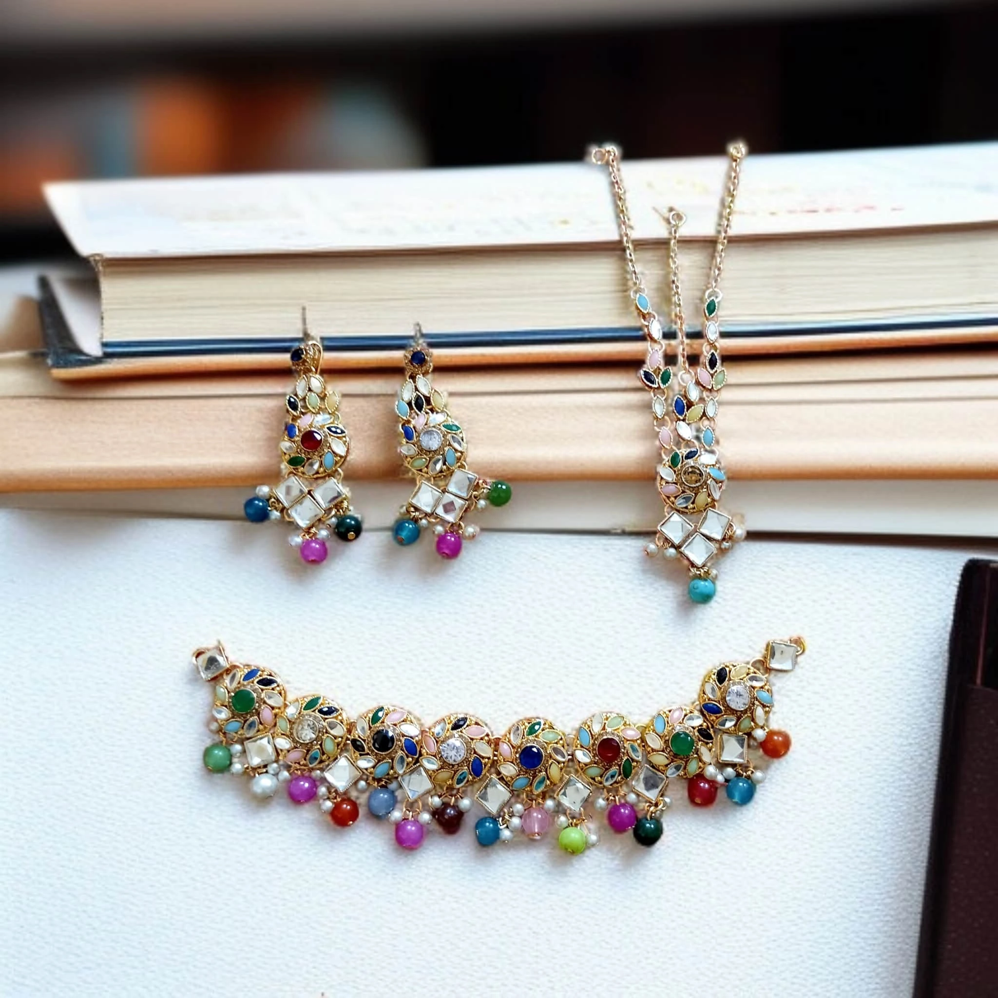 Buy Multi colour jewellery set with necklace , earrings and tikka at best price in pakistan